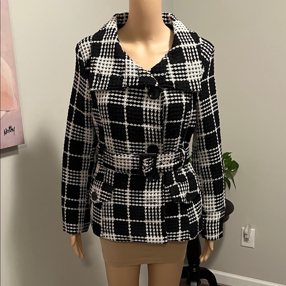 Last Kiss Black and White Checkered Pea Coat